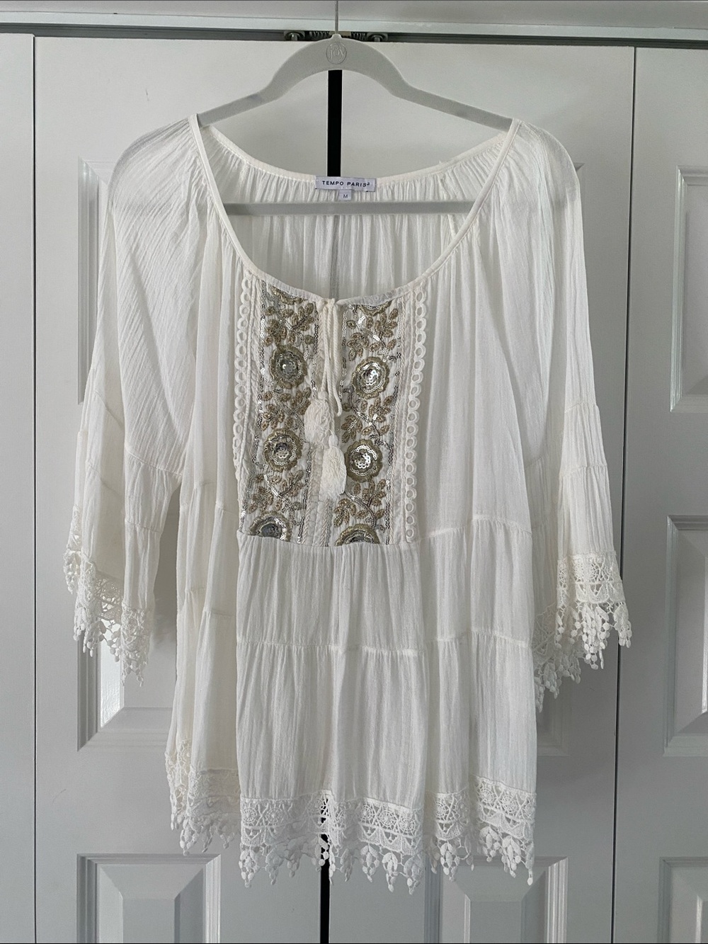 Tempo Paris White Embroidered Peasant Tunic with Metallic Accents